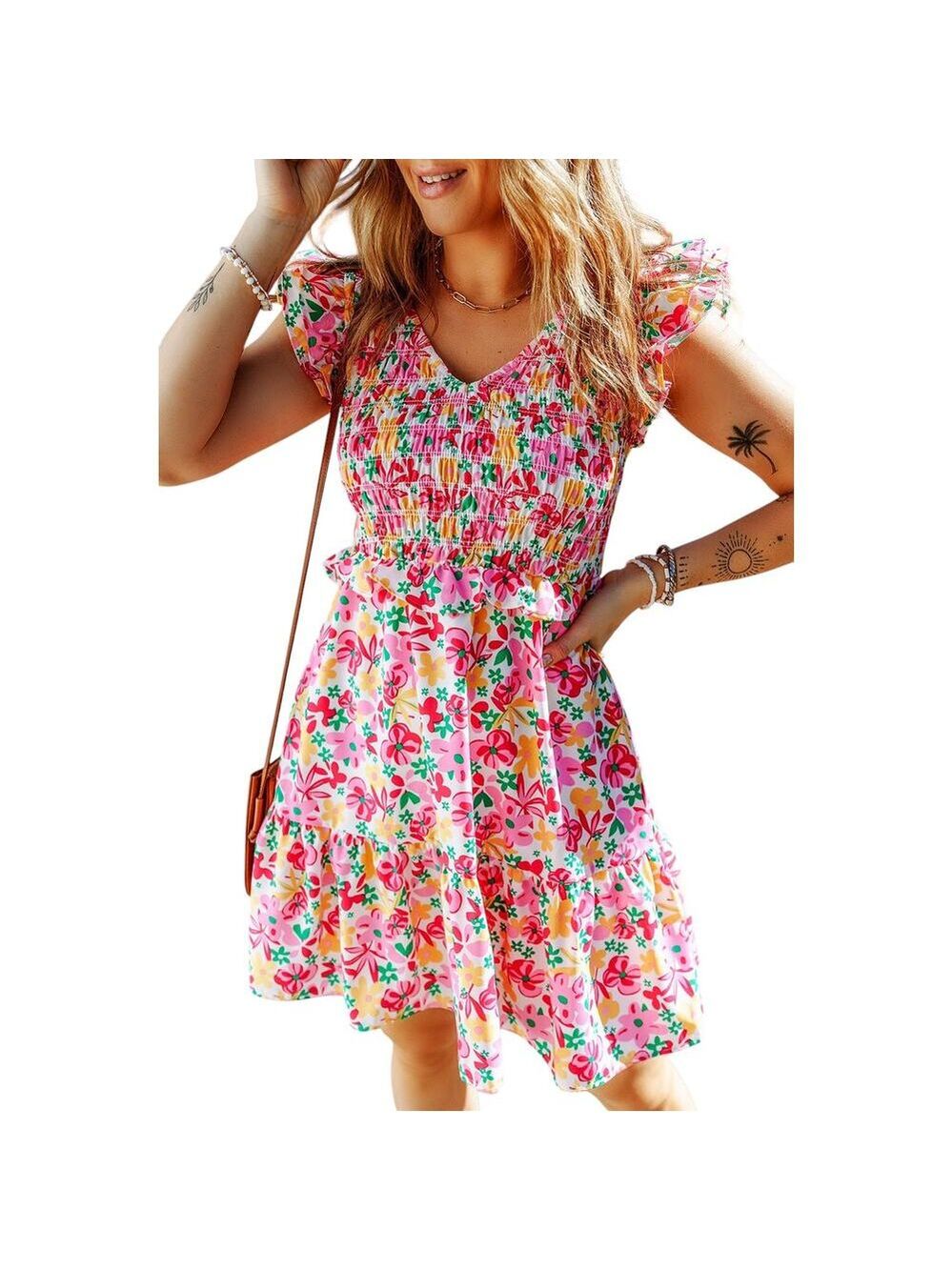 Pink  Multicolor Smocked Bodice Ruffle Trim Floral Dress New